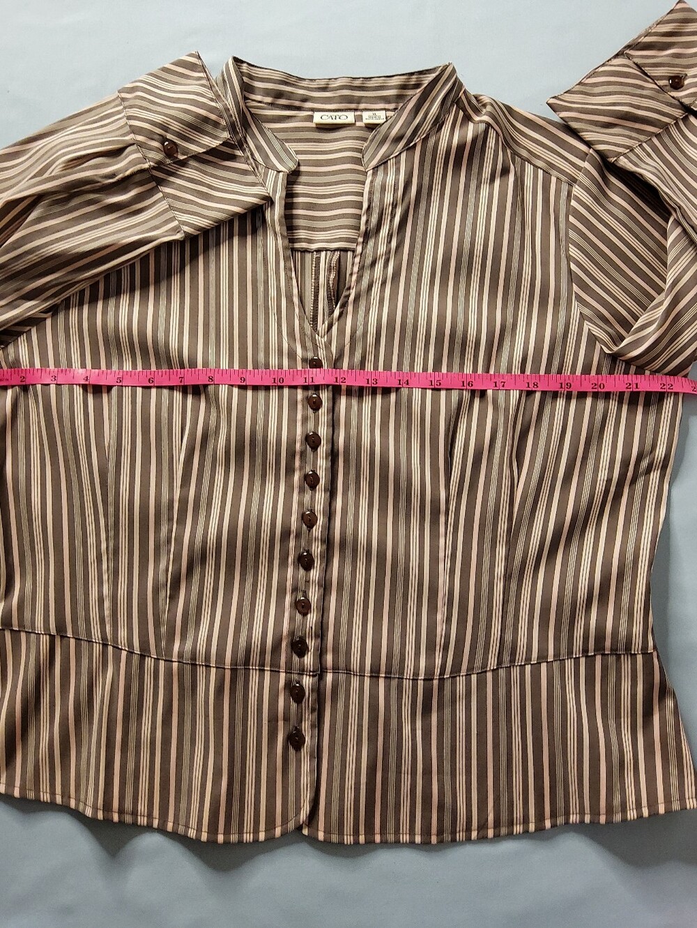 Cato Striped Button-Front Mandarin Collar Blouse in Taupe, Blush Pink, and Cream - Picture 4 of 10